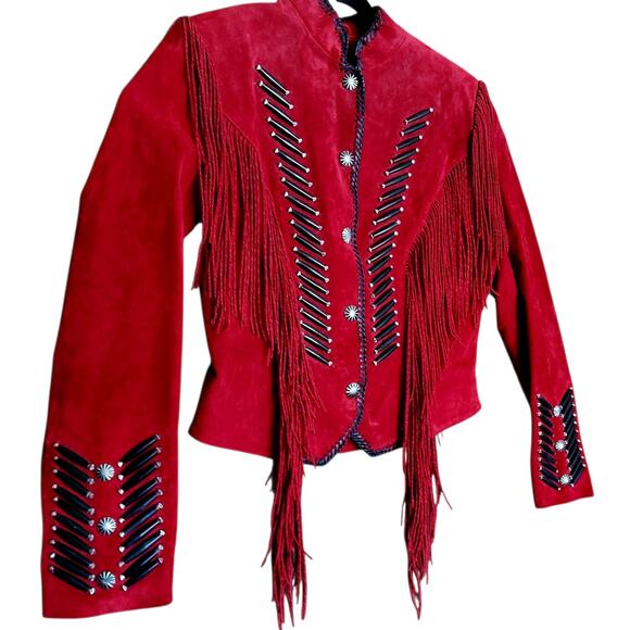 Vintage Cripple Creek Red Suede Leather Western Womens Jacket Beads Conchos Sz L - Picture 8 of 8